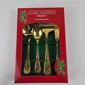 Classic Traditions Hollyberry 4 Piece Serving Set Gold Toned with Leaves Berries